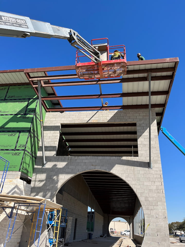 Commercial steel framing and CMU block construction in progress — Fort Worth Texas, built by 1836 Commercial